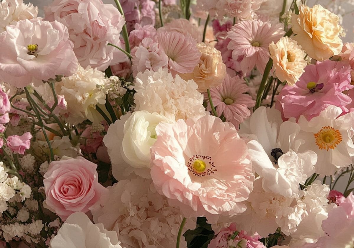 Arreglo de rosas, amapolas, anémonas y claveles en tonos rosa y crema